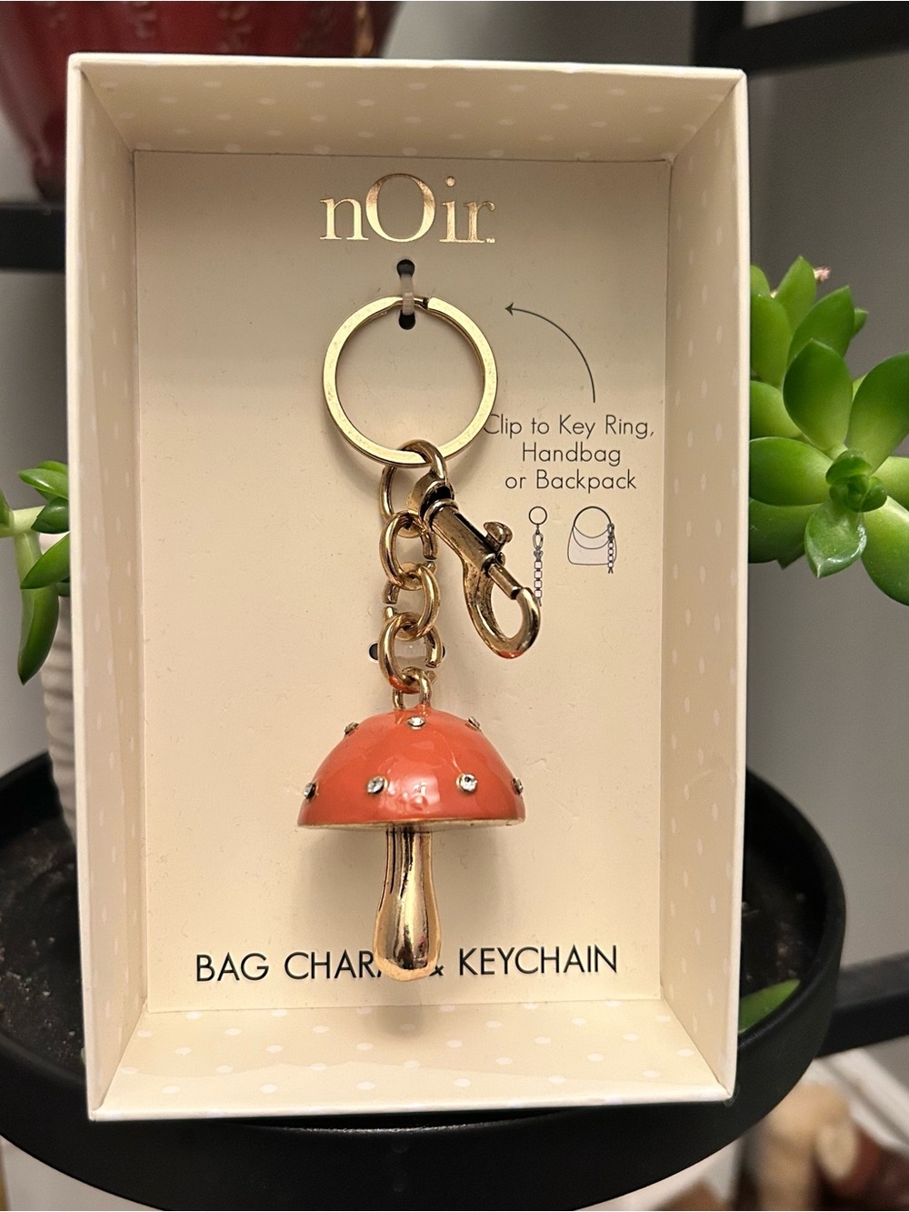 nOir Jewelry Cottagecore Mushroom rhinestones in gold tone Keychain Bag Charm
